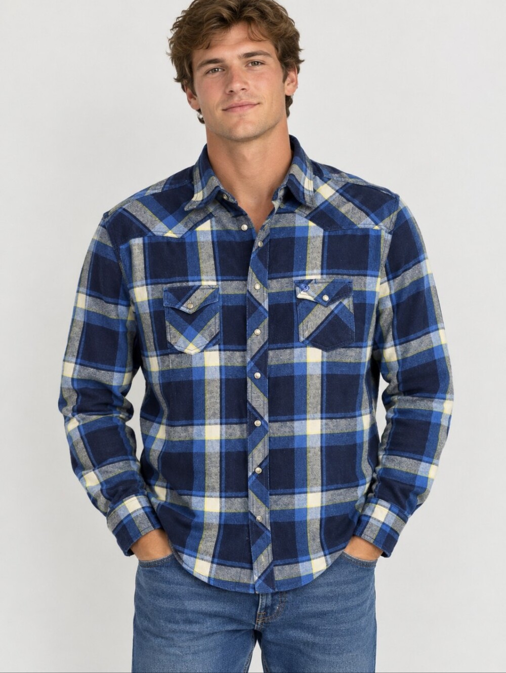 Wrangler Vintage Men's Blue Plaid Pearl Snap Western Button Up Shirt